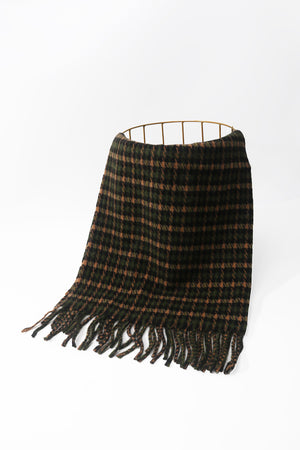 Green Wool Blend Mini Check Tassel Scarf