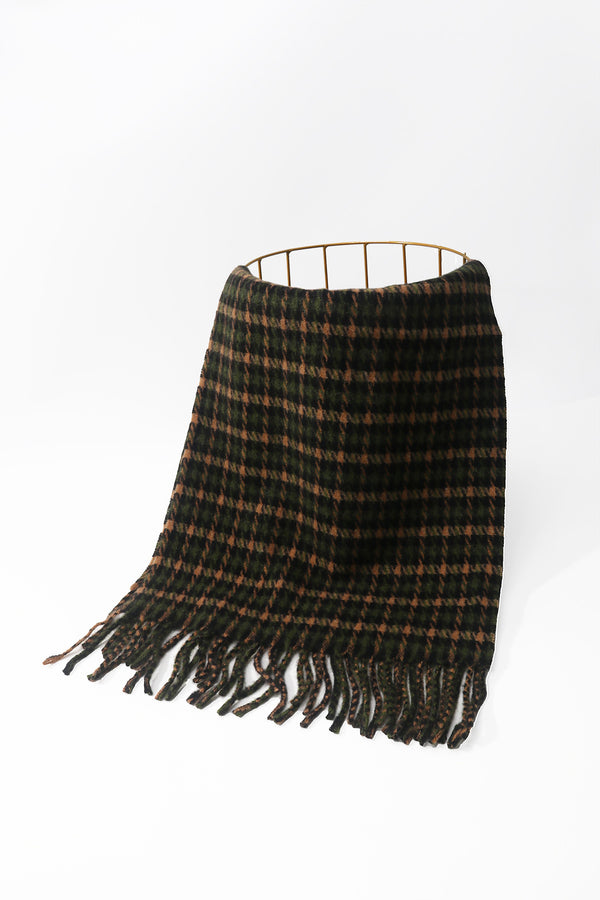 Green Wool Blend Mini Check Tassel Scarf