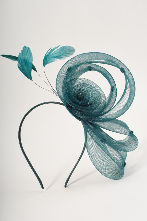 Dark Green Side Flower Loop & Feather Fascinator Headband