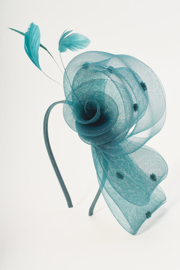 Dark Green Side Flower Loop & Feather Fascinator Headband