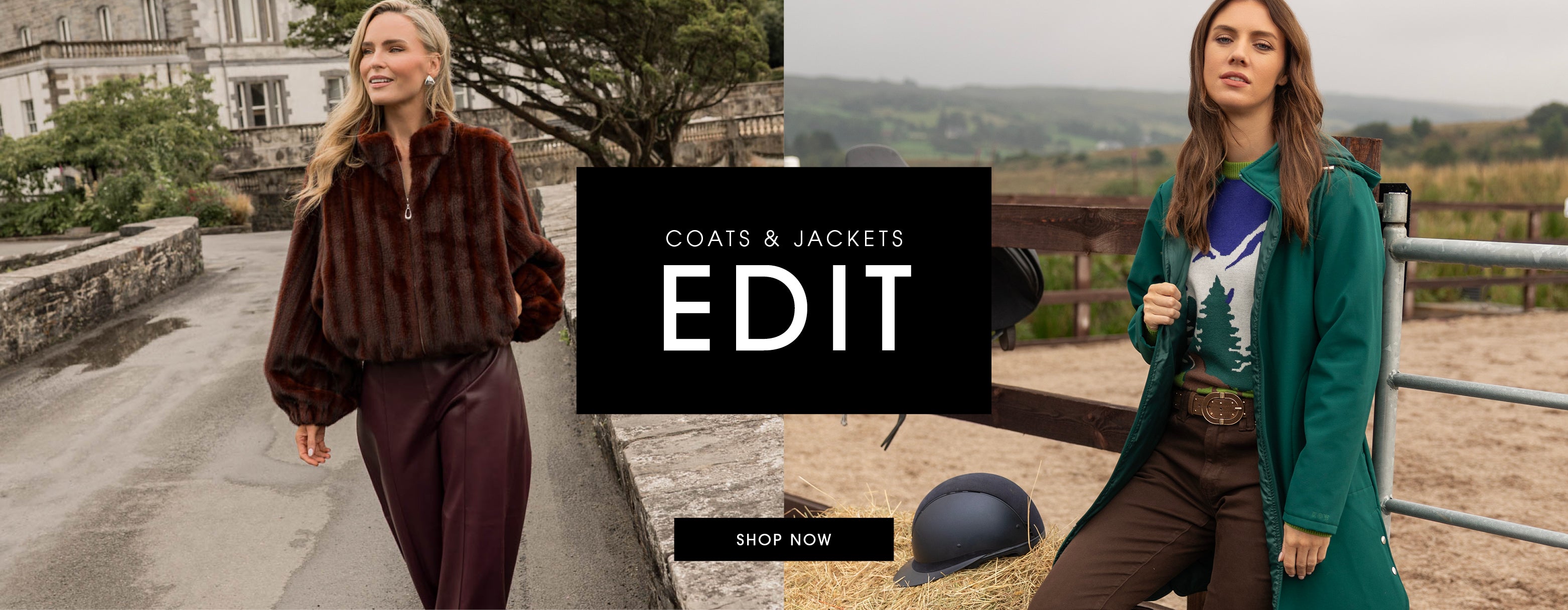 A split promotional banner showing two women outdoors wearing different outerwear pieces. The left model wears a dark brown faux-fur coat over a dark skirt.