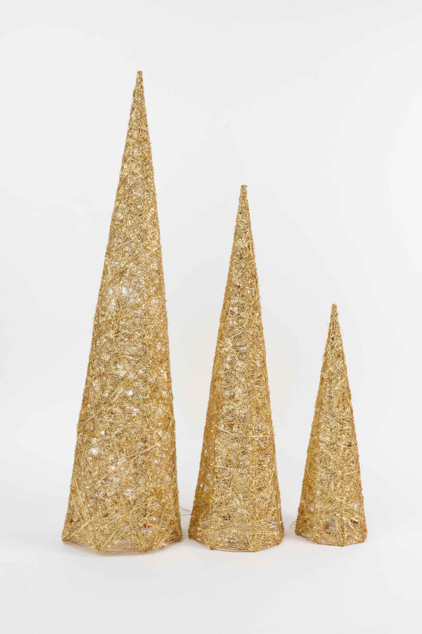 Set Of 3 Gold LED Christmas Cone Trees