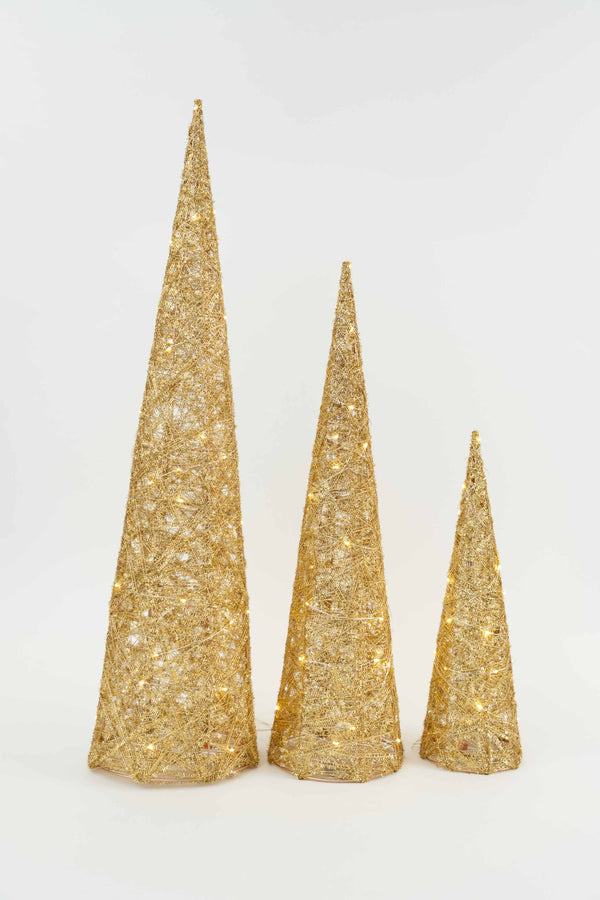 Set Of 3 Gold LED Christmas Cone Trees