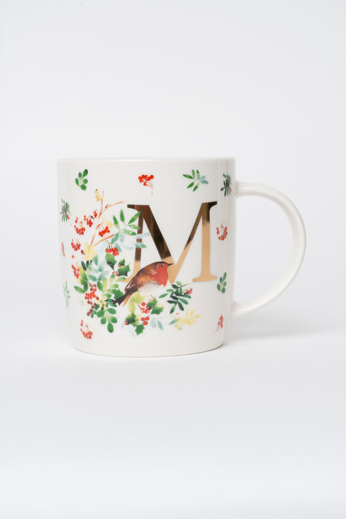M Christmas Robin Leaf New Bone China Alphabet Mug