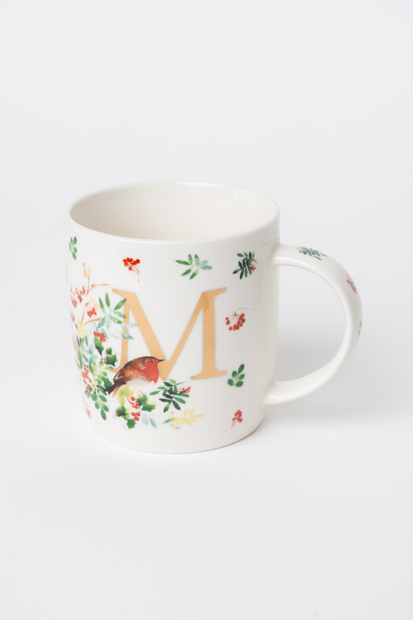 M Christmas Robin Leaf New Bone China Alphabet Mug