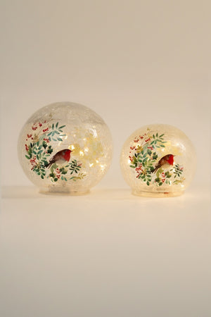 Set Of 2 Glass Robin LED Christmas Globes