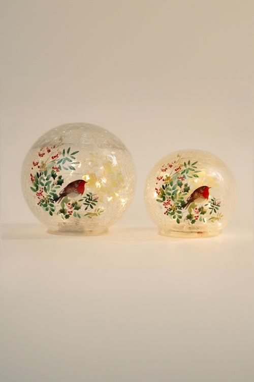 Set Of 2 Glass Robin LED Christmas Globes