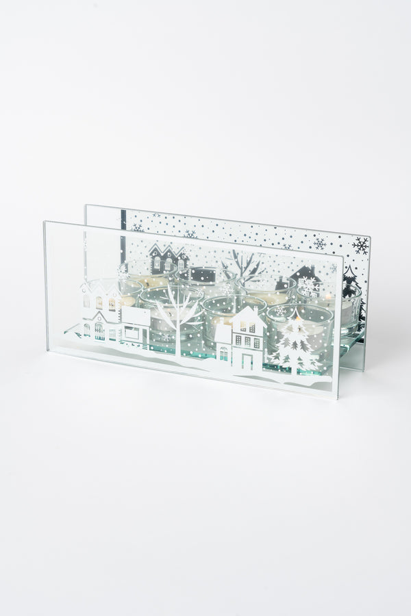 Silver Glass Christmas Motif Tealight Holder