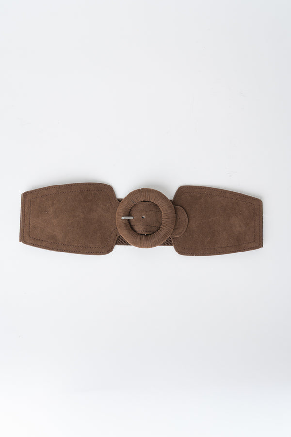 Brown Faux Suede Circle Buckle Elasticated Belt