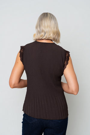 Brown Sleeveless Lace Trim Pleat Top