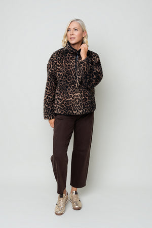 Brown & Black Leopard Print Sherpa Half Zip Fleece