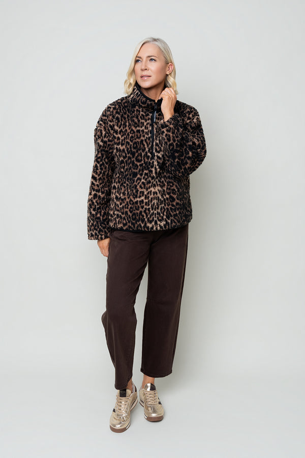 Brown & Black Leopard Print Sherpa Half Zip Fleece
