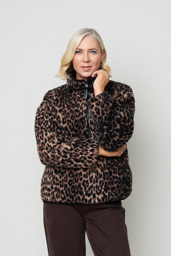 Brown & Black Leopard Print Sherpa Half Zip Fleece