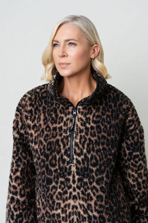 Brown & Black Leopard Print Sherpa Half Zip Fleece