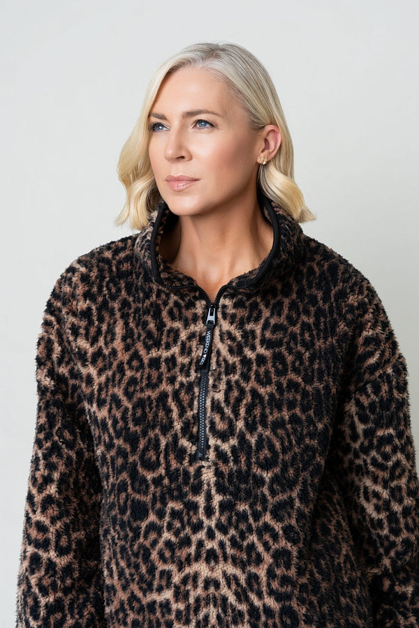 Brown & Black Leopard Print Sherpa Half Zip Fleece