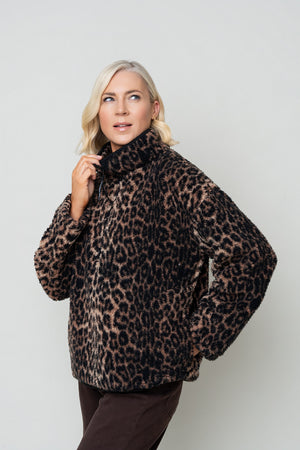 Brown & Black Leopard Print Sherpa Half Zip Fleece