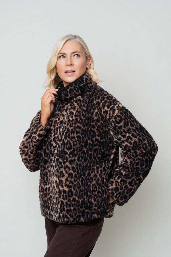 Brown & Black Leopard Print Sherpa Half Zip Fleece
