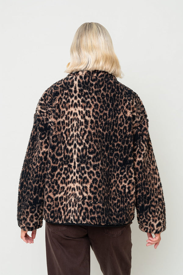 Brown & Black Leopard Print Sherpa Half Zip Fleece