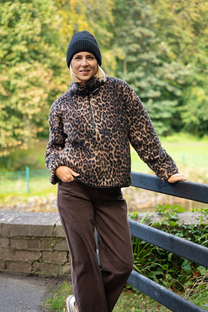 Brown & Black Leopard Print Sherpa Half Zip Fleece