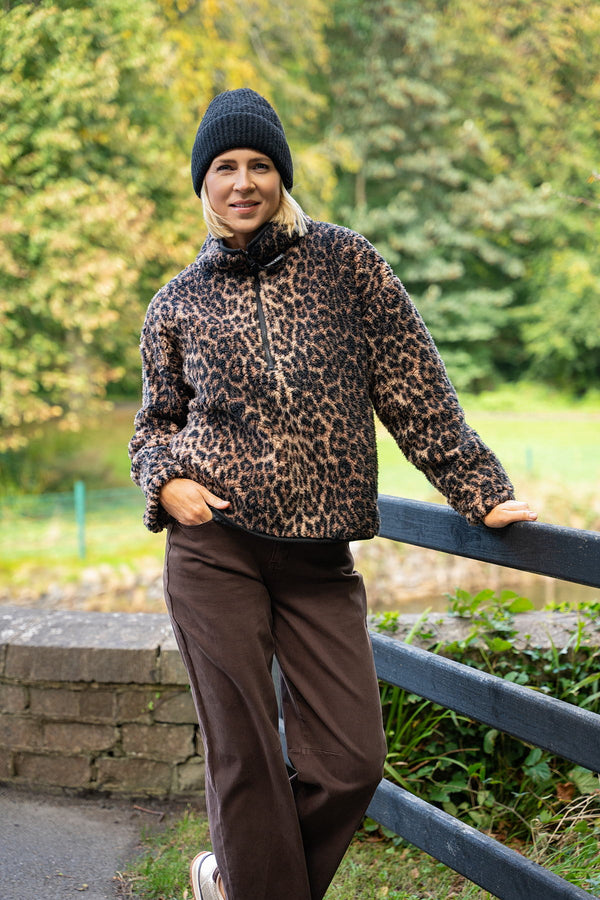 Brown & Black Leopard Print Sherpa Half Zip Fleece