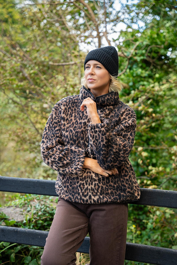 Brown & Black Leopard Print Sherpa Half Zip Fleece