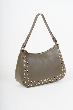Olive Green Eyelet & Stud Shoulder Bag