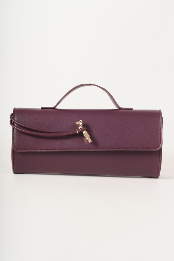 Burgundy Faux Leather Top Handle Long Rectangle Clutch Bag