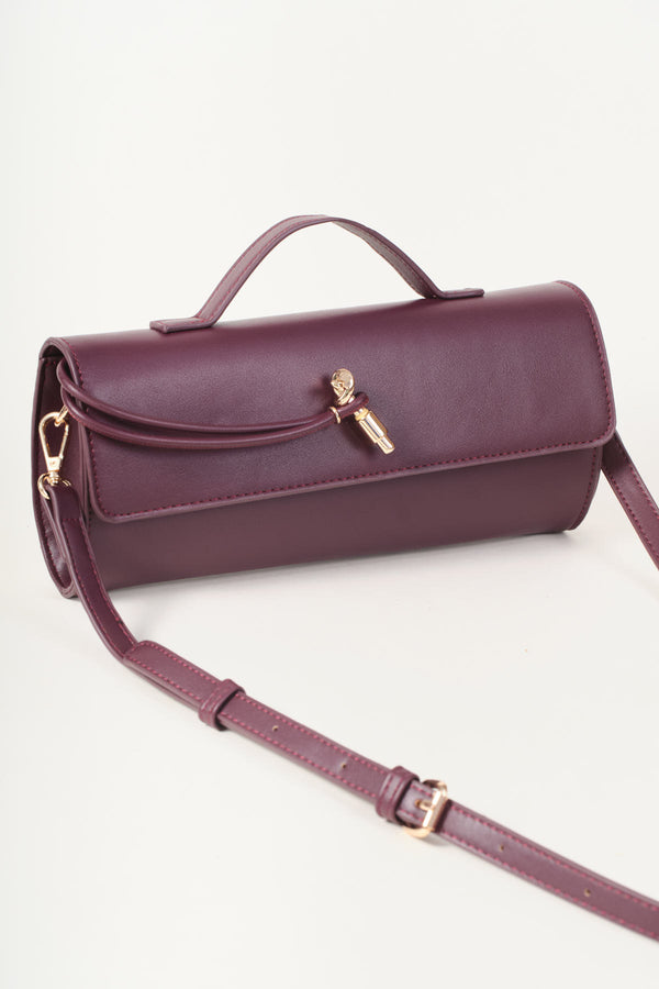 Burgundy Faux Leather Top Handle Long Rectangle Clutch Bag