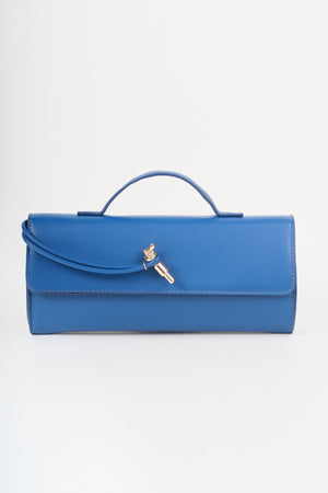 Blue Faux Leather Top Handle Long Rectangle Clutch Bag