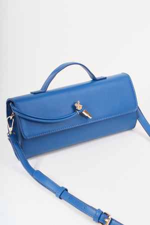 Blue Faux Leather Top Handle Long Rectangle Clutch Bag
