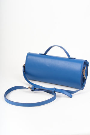 Blue Faux Leather Top Handle Long Rectangle Clutch Bag