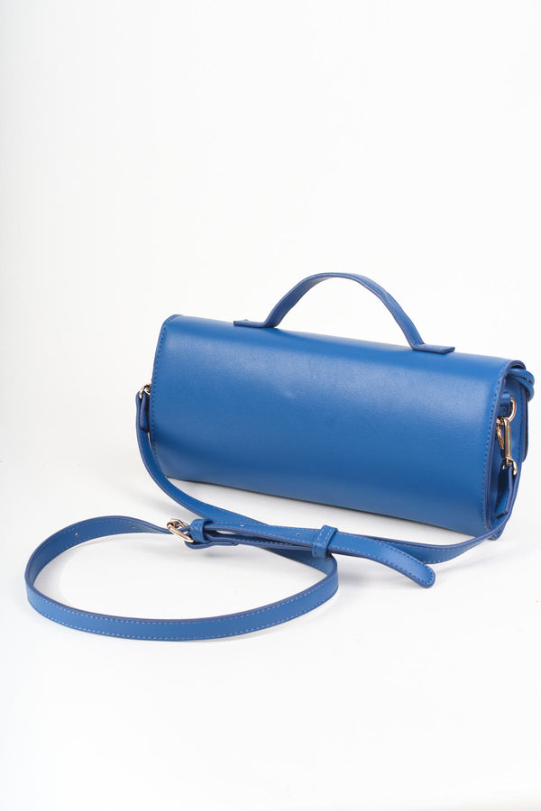 Blue Faux Leather Top Handle Long Rectangle Clutch Bag