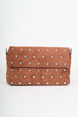 Brown Faux Suede Silver Studded Shoulder Bag