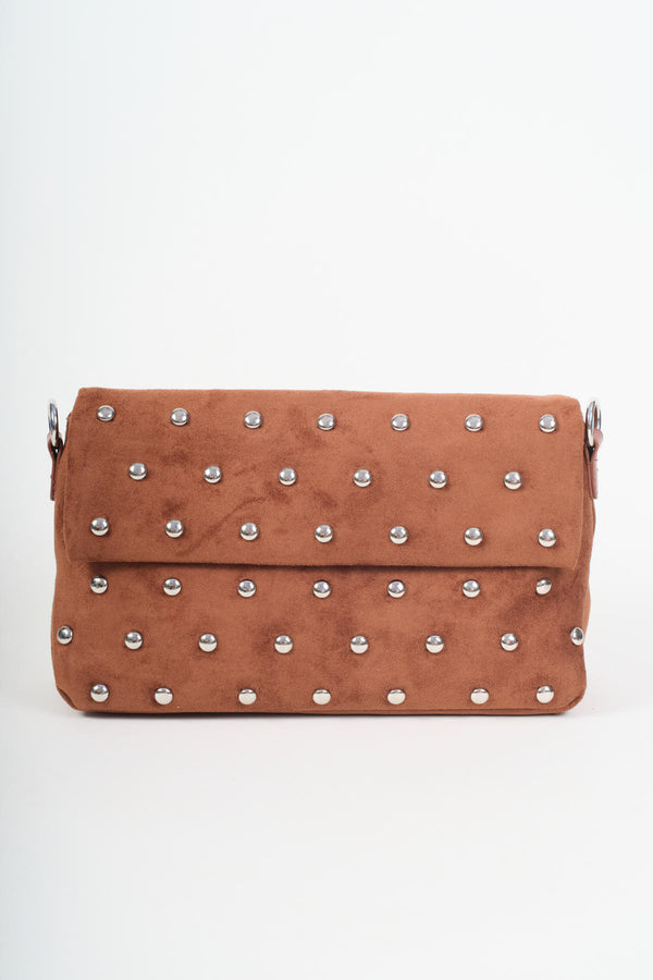 Brown Faux Suede Silver Studded Shoulder Bag