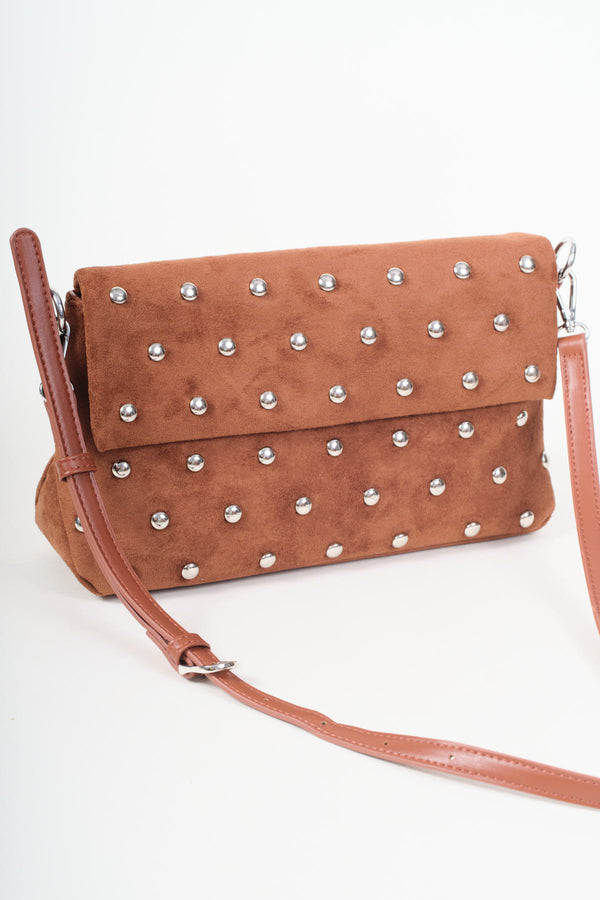 Brown Faux Suede Silver Studded Shoulder Bag