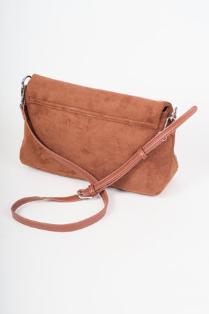 Brown Faux Suede Silver Studded Shoulder Bag