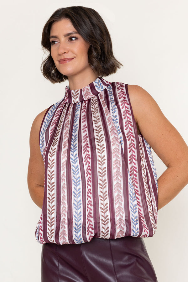 Burgundy Print Chiffon Balloon Hem High Neck Sleeveless Top