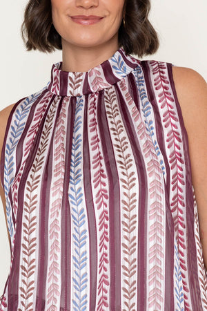 Burgundy Print Chiffon Balloon Hem High Neck Sleeveless Top