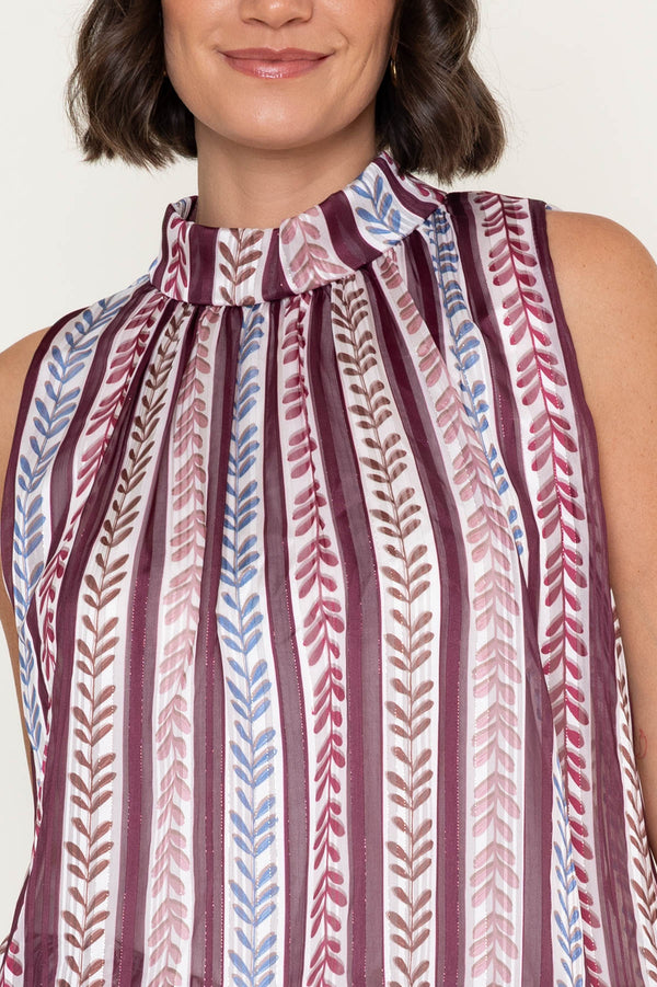 Burgundy Print Chiffon Balloon Hem High Neck Sleeveless Top