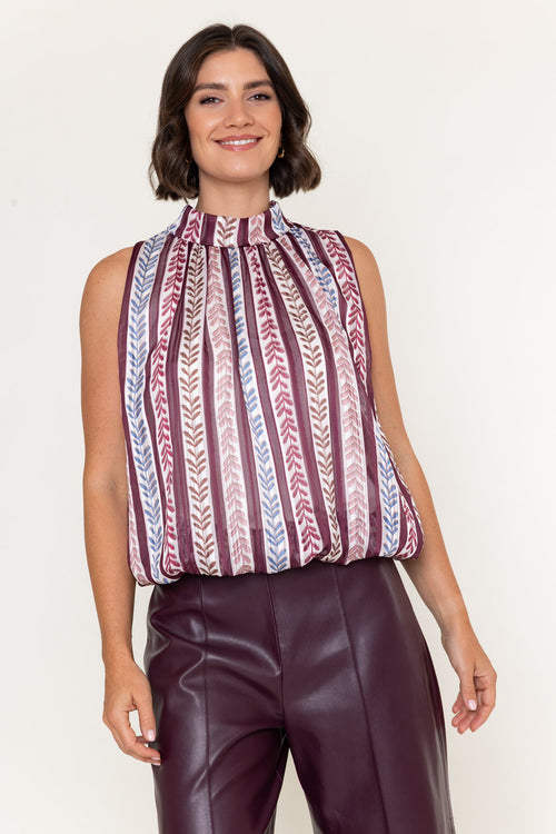 Burgundy Print Chiffon Balloon Hem High Neck Sleeveless Top