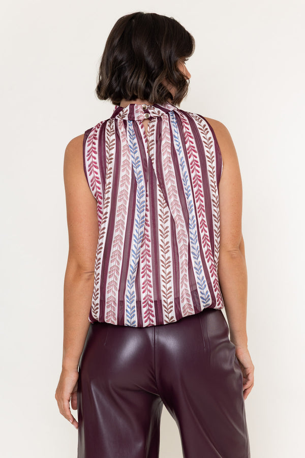 Burgundy Print Chiffon Balloon Hem High Neck Sleeveless Top