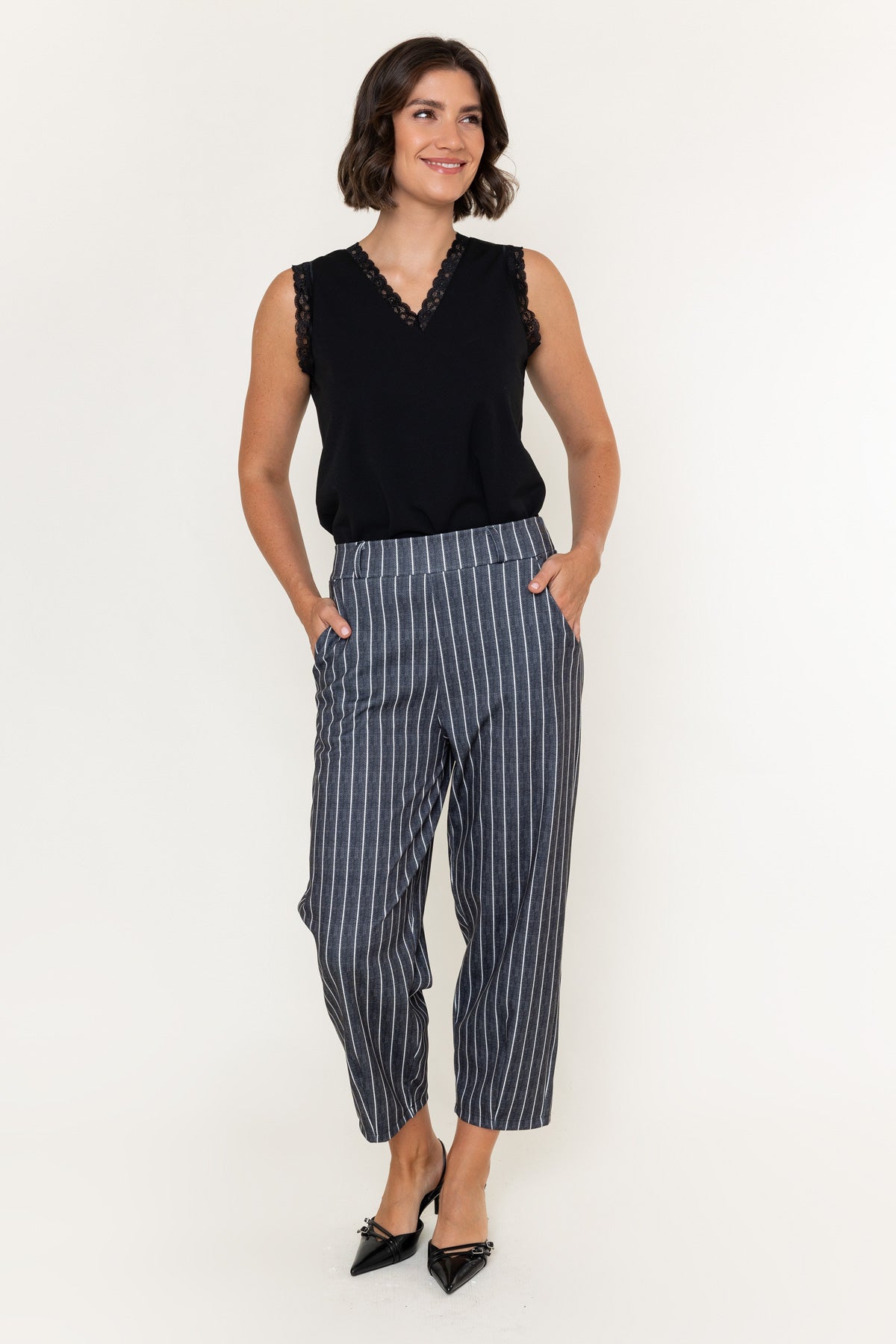 Black Striped Cropped Barrel Leg Trousers