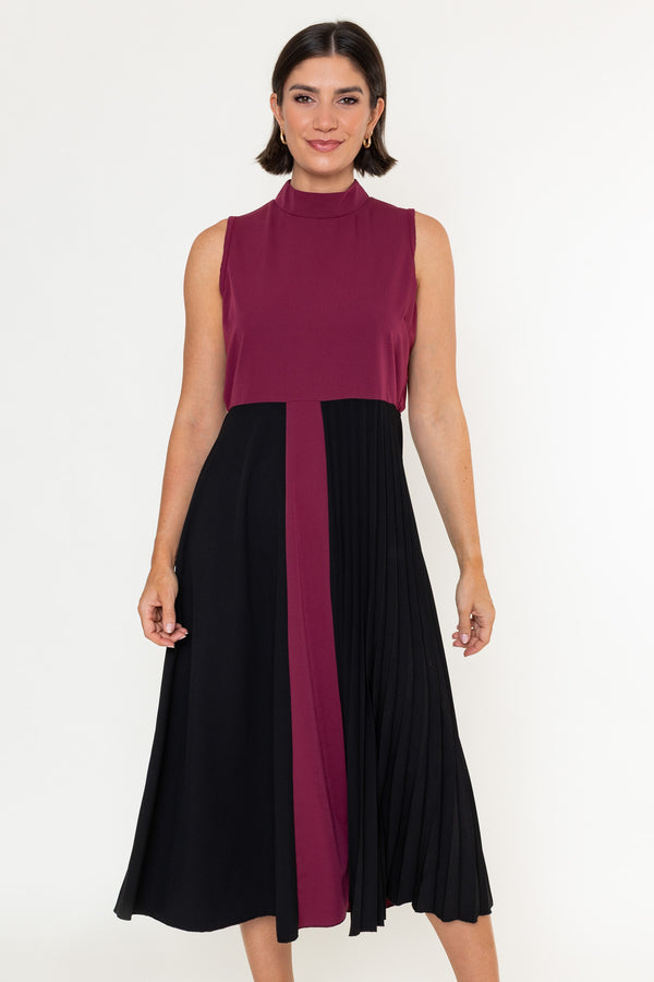 Betty Burgundy & Black Cotton Blend A-Line High Neck Sleeveless Midi Dress