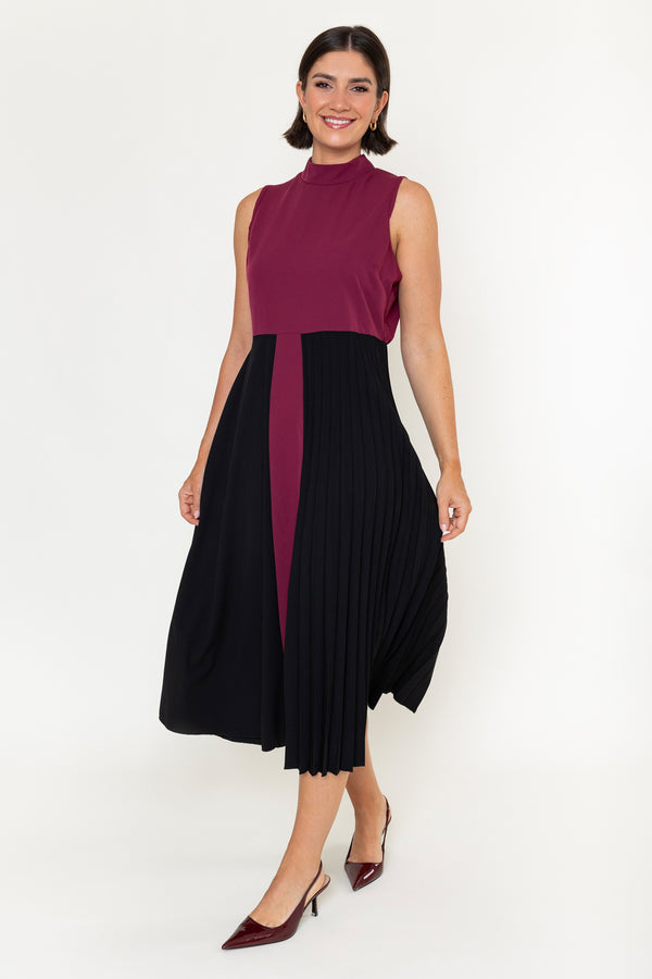 Betty Burgundy & Black Cotton Blend A-Line High Neck Sleeveless Midi Dress