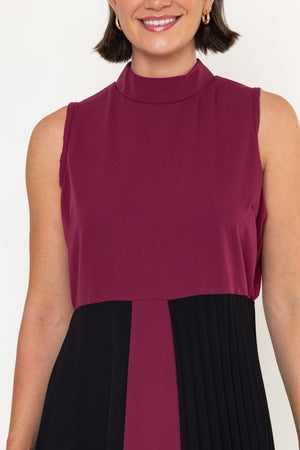 Betty Burgundy & Black Cotton Blend A-Line High Neck Sleeveless Midi Dress