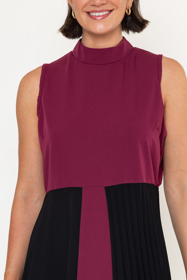 Betty Burgundy & Black Cotton Blend A-Line High Neck Sleeveless Midi Dress