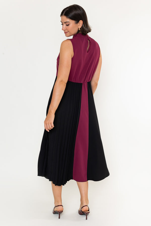 Betty Burgundy & Black Cotton Blend A-Line High Neck Sleeveless Midi Dress