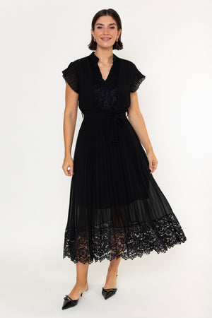 Black Pleated Lace Trim Detail A-Line Short Sleeve Shirt Midi Dress