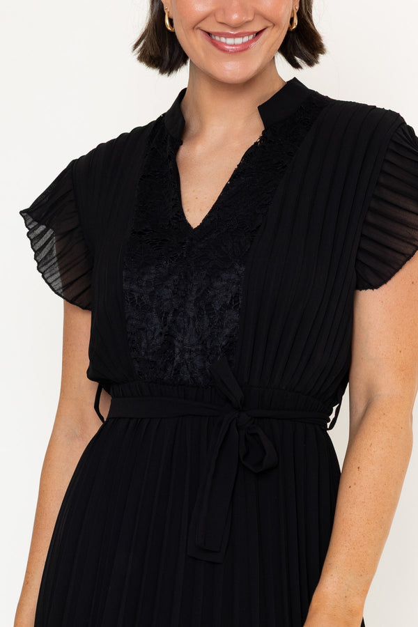 Black Pleated Lace Trim Detail A-Line Short Sleeve Shirt Midi Dress
