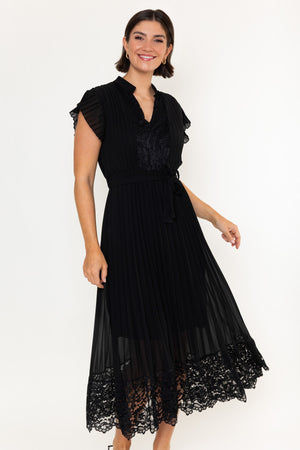 Black Pleated Lace Trim Detail A-Line Short Sleeve Shirt Midi Dress